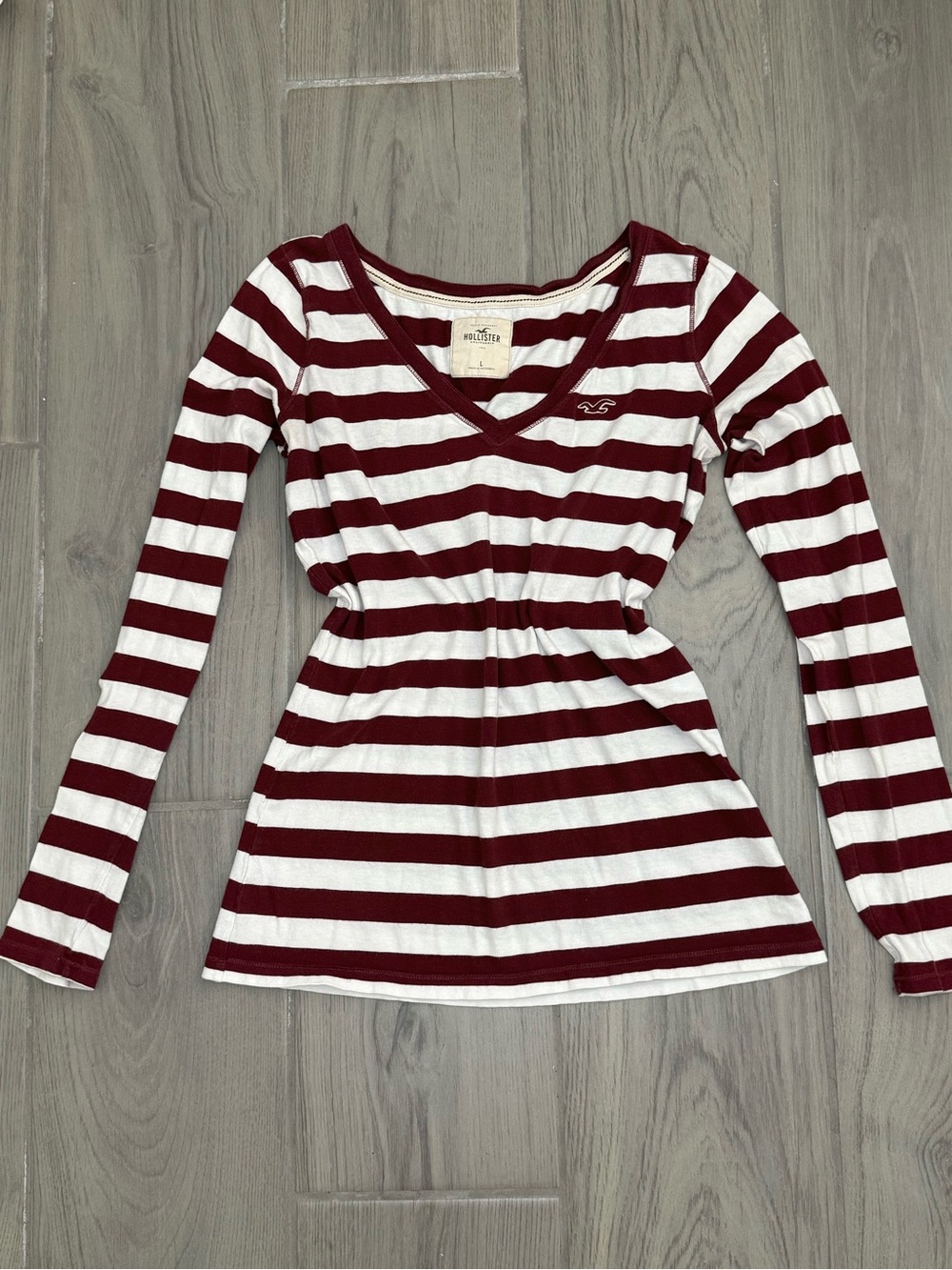 Hollister Burgundy & White Striped V-Neck Long Sleeve Top
